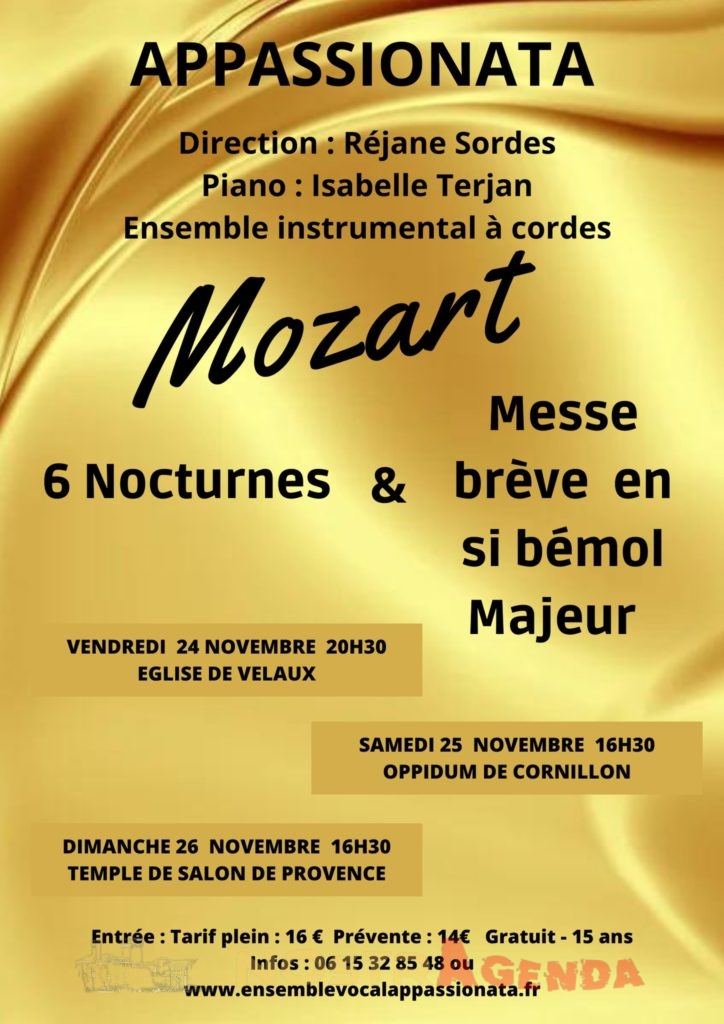 Concert Mozart : 6 Nocturnes & Messe Brève avec l’ensemble vocal Appassionata Salon-de-Provence Nostragenda