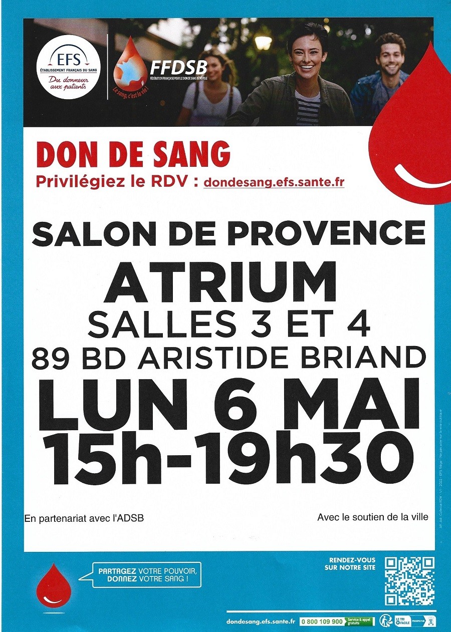 don du sang lundi 06 mai 2024 agenda Salon de Provence amicale des donneurs de sang bénévole de Salon de Provence
