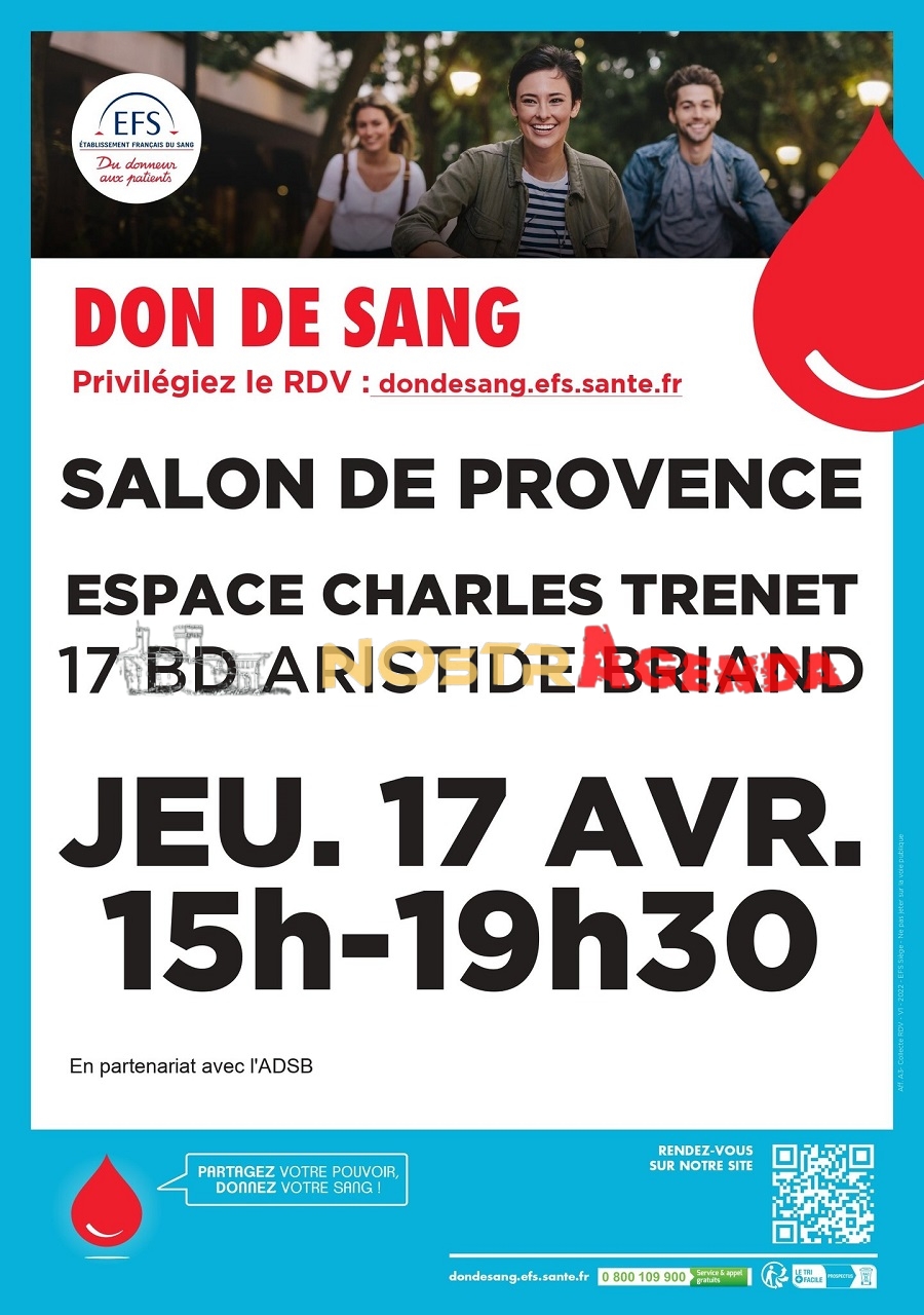 don du sang avril 2025 Salon-de-Provence Nostragenda Espace Charles Trenet