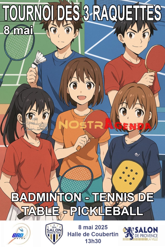 TOURNOI DES 3 RAQUETTES 2025 Salon de Provence Nostragenda 08 mai 2025 tennis de table, pickleball et badminton