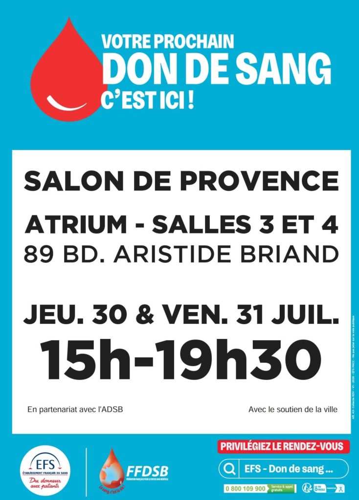 collectes de sang organisées le 30 & 31/07 à Salon-de-Provence