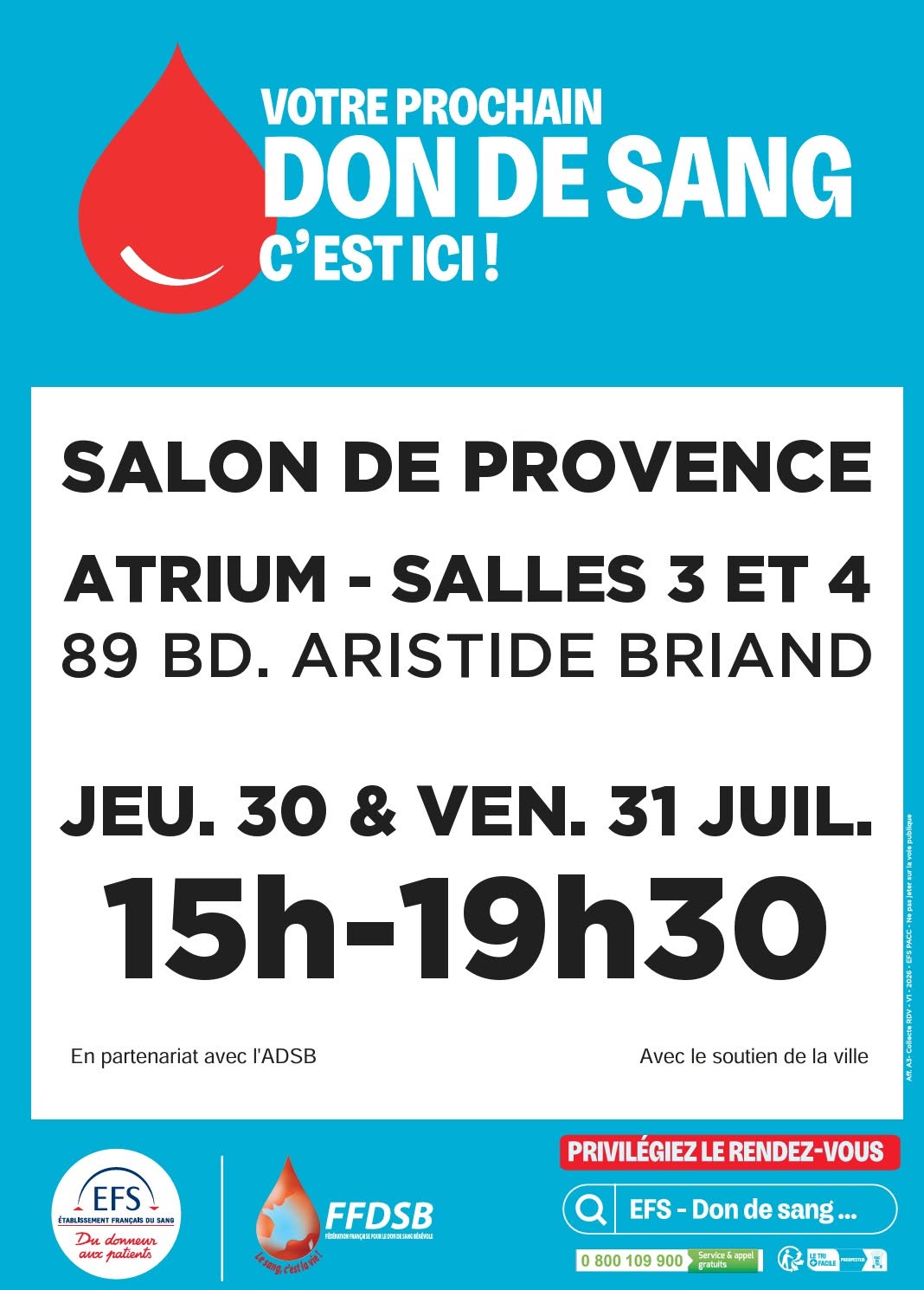collectes de sang organisées le 30 & 31/07 à Salon-de-Provence
